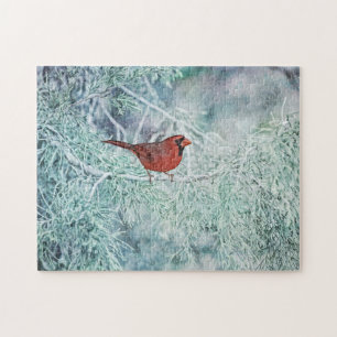 Red Cardinal Bird in Snow Trees Art Puzzle