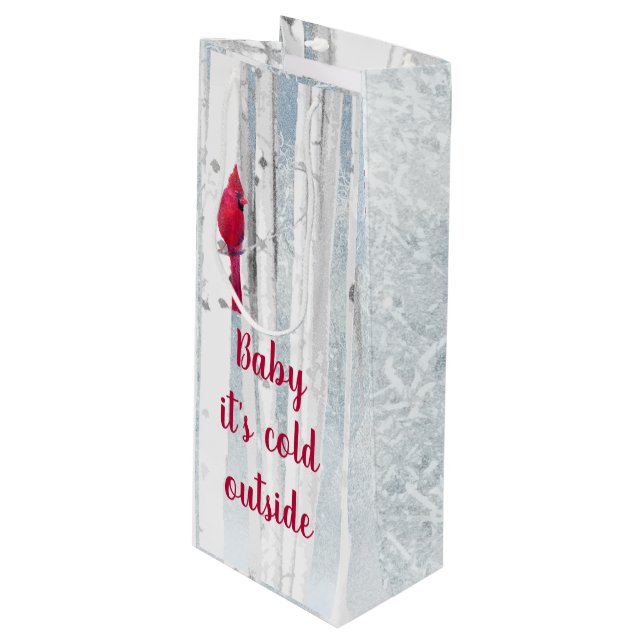 Red Cardinal Bird in snowy Birch Tree Quote Wine Gift Bag (Front Angled)