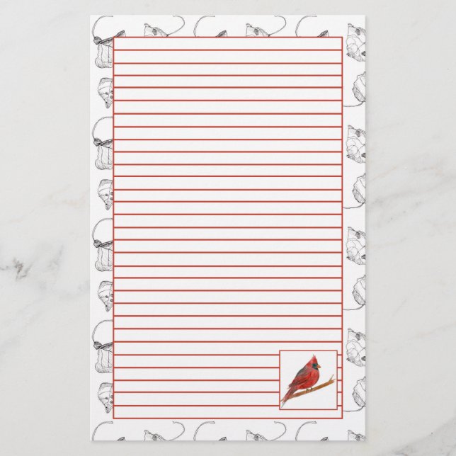 Red Cardinal Bird Lined Stationery Paper (Front)