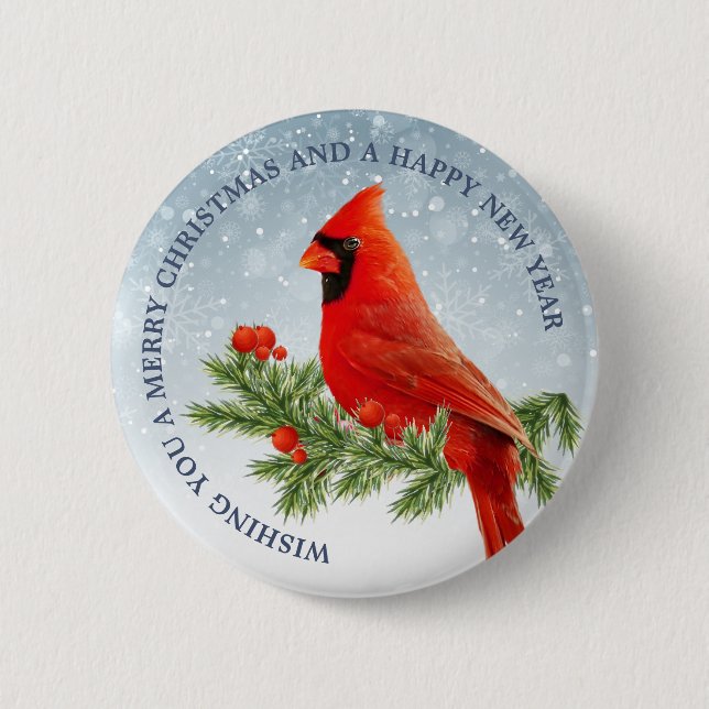 Red Cardinal Bird Merry Christmas button (Front)