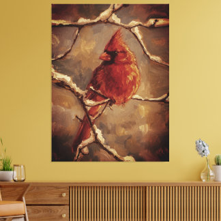 Red Cardinal Bird Oil Painting – Winter Branch Canvas Print
