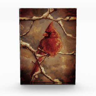 Red Cardinal Bird Oil Painting – Winter Branch Photo Block