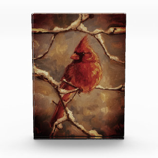 Red Cardinal Bird Oil Painting – Winter Branch Photo Block