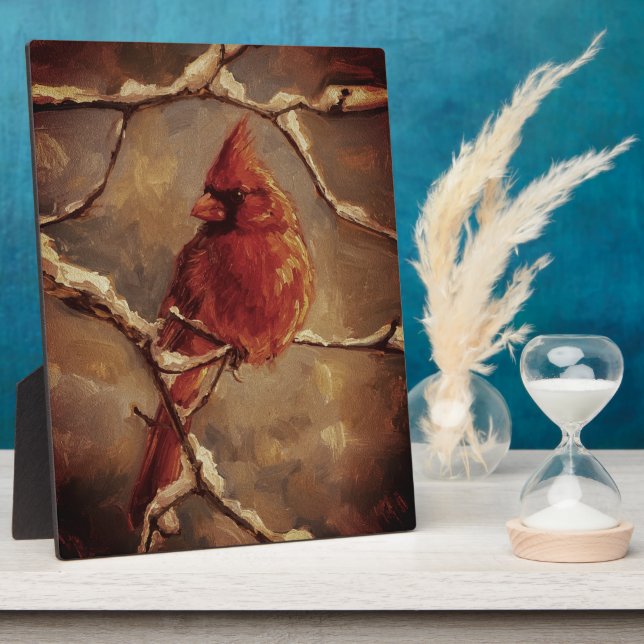 Red Cardinal Bird Oil Painting – Winter Branch Plaque (Side)