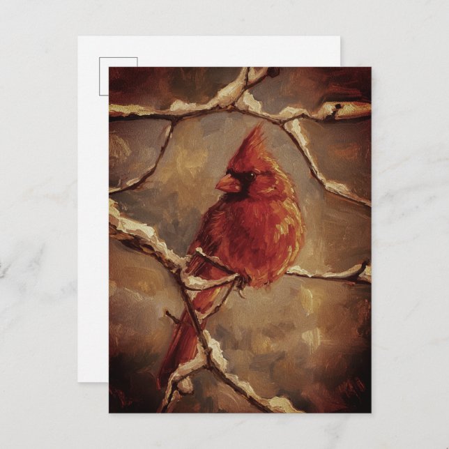 Red Cardinal Bird Oil Painting – Winter Branch Postcard (Front/Back)