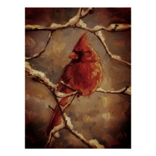 Red Cardinal Bird Oil Painting – Winter Branch Poster