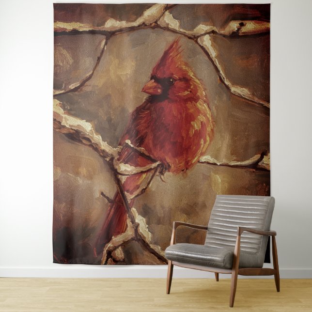 Red Cardinal Bird Oil Painting – Winter Branch Tapestry (In Situ)