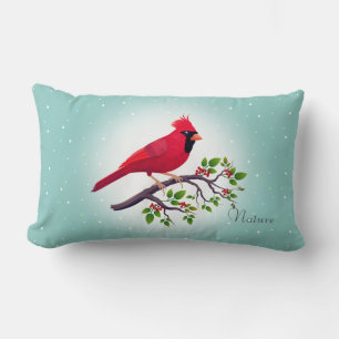 Red Cardinal Bird on Teal Lumbar Cushion