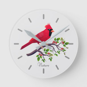 Red Cardinal Bird on Tree Branch Round Clock
