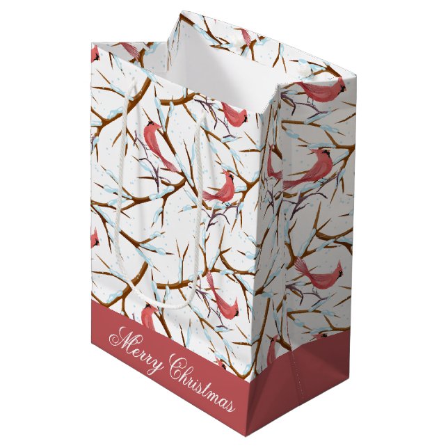 Red Cardinal Bird Pattern Merry Christmas Gift Bag (Front Angled)