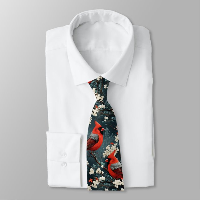 Red Cardinal Bird Pattern Tie (Tied)