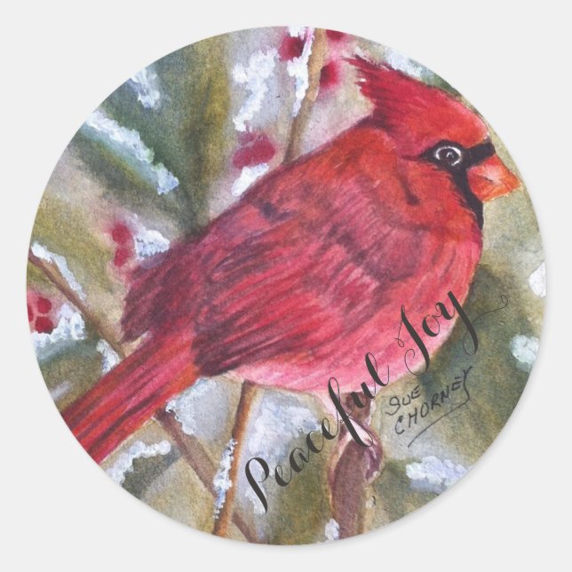 RED CARDINAL BIRD PEACEFUL JOY CLASSIC ROUND STICKER (Front)