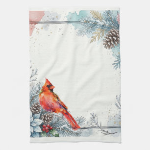 Red Cardinal Bird Pointsettia Winter Berry Greens Tea Towel