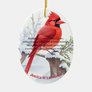 Red Cardinal Bird Sits On A Tree in Snowing Forest Ceramic Tree Decoration