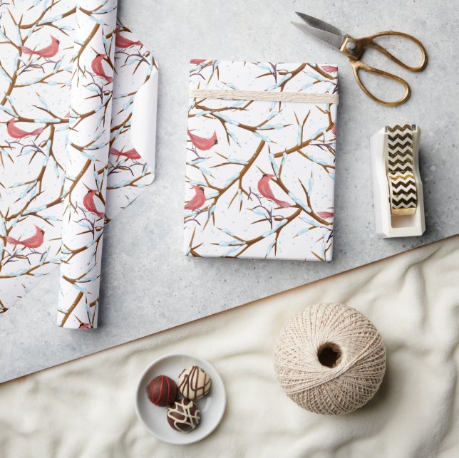 Red Cardinal Bird Snowy Tree Pattern Christmas Wrapping Paper (Crafts)