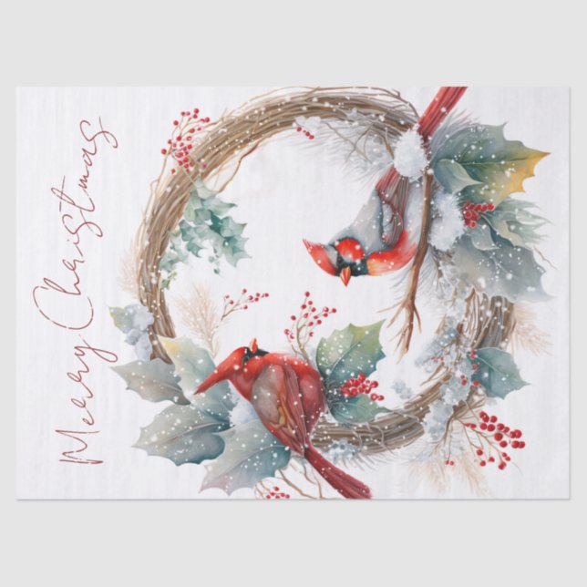 Red Cardinal Bird Watercolor Winter Christmas Tissue Paper (Front)