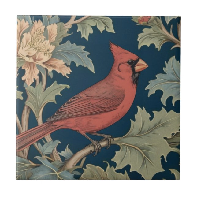 Red Cardinal Bird William Morris style right birds Tile (Front)
