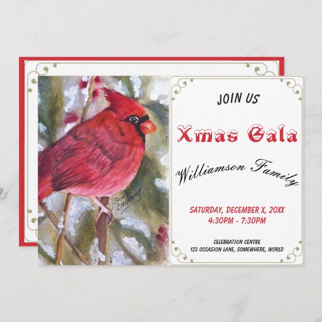 RED CARDINAL BIRD XMAS GALA PARTY INVITATION (Front/Back)