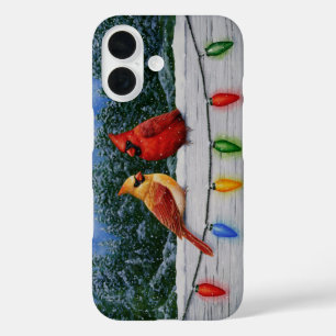 Red Cardinal Birds and Christmas Snow iPhone 16 Case