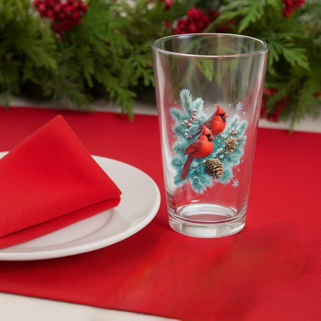 Red Cardinal Birds and Pine Christmas Glass Cup (Set a festive holiday table with red cardinal bird and pine beverage glass. )