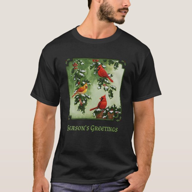 Red Cardinal Birds Christmas Holly Berries Leaves  T-Shirt (Front)