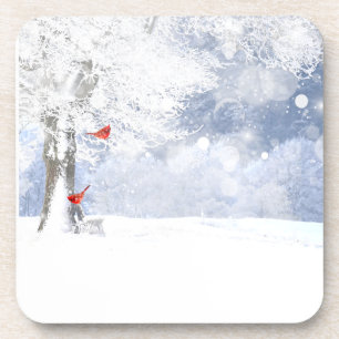 Red Cardinal Birds Christmas snowy Trees Coaster