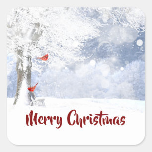 Red Cardinal Birds Christmas snowy Trees Square Sticker