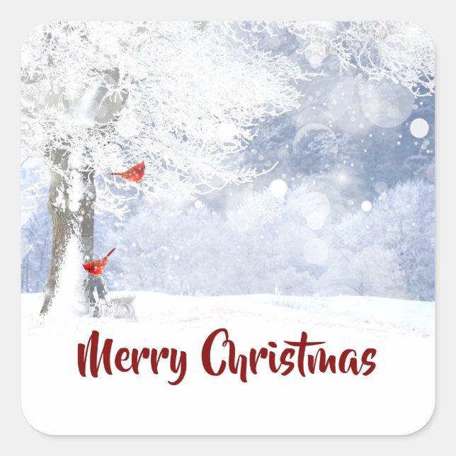 Red Cardinal Birds Christmas snowy Trees Square Sticker (Front)