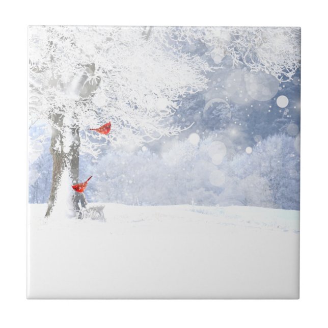 Red Cardinal Birds Christmas snowy Trees Tile (Front)