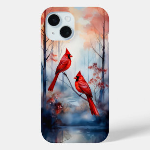 Red Cardinal Birds in a Misty Forest iPhone 15 Case
