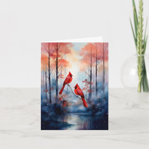 Red Cardinal Birds in a Misty Forest Note Card