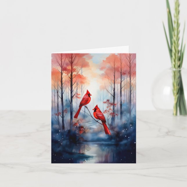 Red Cardinal Birds in a Misty Forest Note Card (Front)
