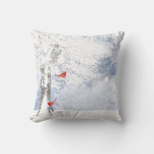 Red Cardinal Birds in beautiful snowy Trees Cushion (Front)