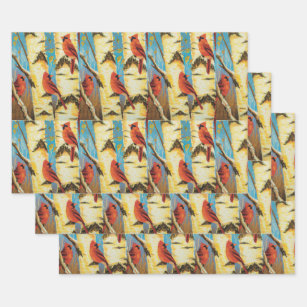 Red Cardinal Birds In Birch Tree Repeating Art Wrapping Paper Sheet