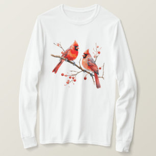 Red Cardinal Birds on Holly Tree Branch T-Shirt