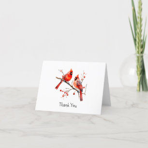 Red Cardinal Birds on Holly Tree Branch Thank You Card