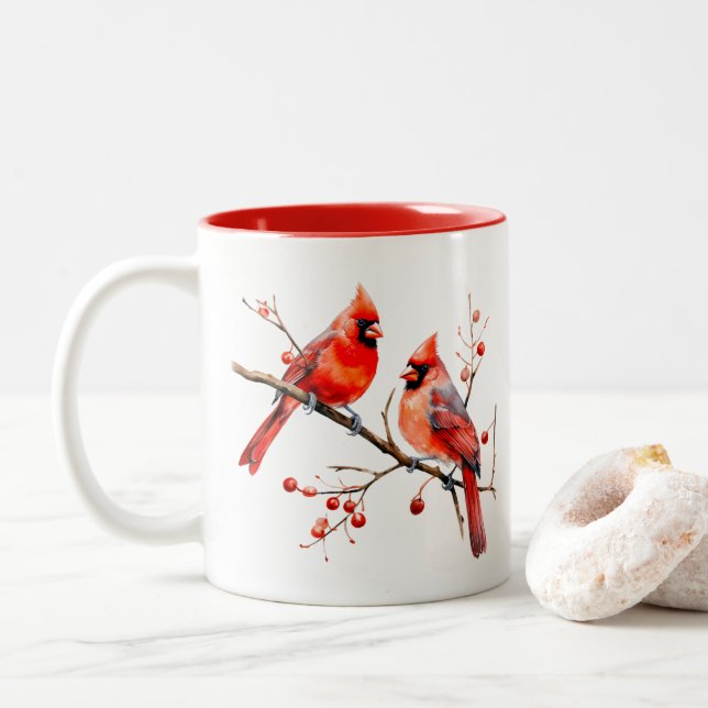 Red Cardinal Birds on Holly Tree Branch Two-Tone Coffee Mug (With Donut)
