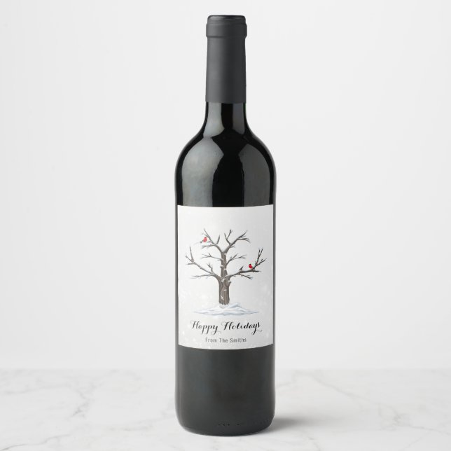 Red Cardinal Birds On Snow Tree Illustrations Wine Label (Front)