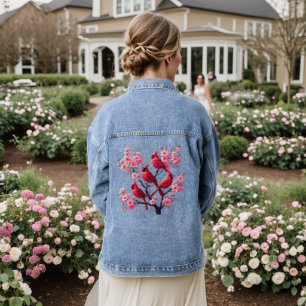 Red Cardinal Birds Pink Cherry Blossom Tree Bird Denim Jacket