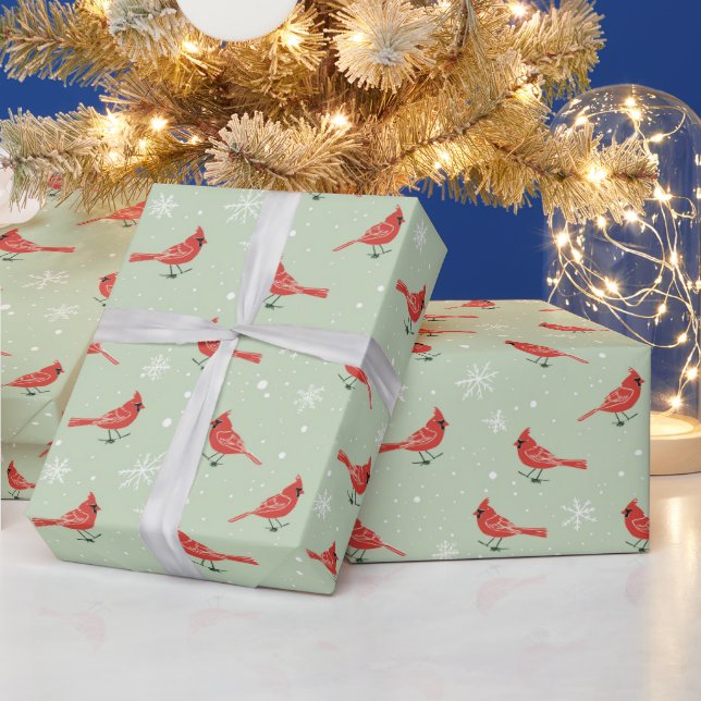 Red Cardinal Birds & White Snowflakes On Green  Wrapping Paper (Holidays)
