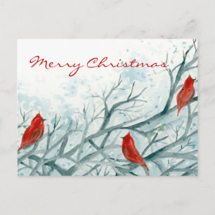Red Cardinal Birds Winter Trees Merry Christmas Holiday Postcard