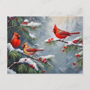 Red Cardinal Birds with Wild Forest Berries Holiday Postcard