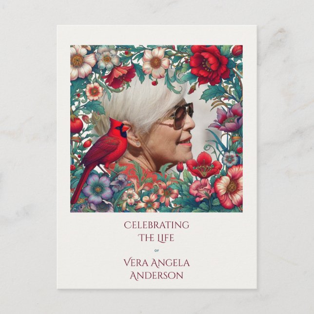 Red Cardinal Celebration of Life PHOTO Postcard (Front)