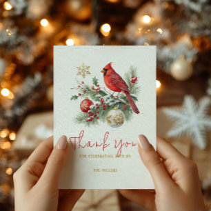 Red Cardinal Christmas Bouquet Personalized Text  Thank You Card