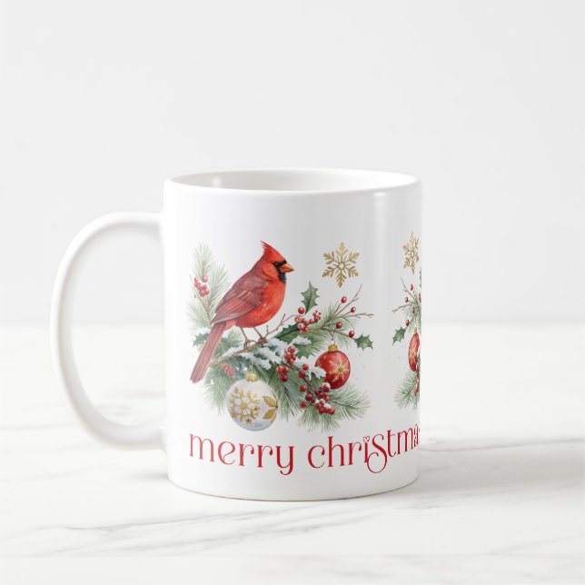 Red Cardinal Christmas Holly Bouquet Coffee Mug (Left)