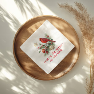 Red Cardinal Christmas Holly Bouquet Napkin