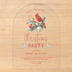 Red Cardinal Christmas Holly Bouquet Party Invite Acrylic Invitations
