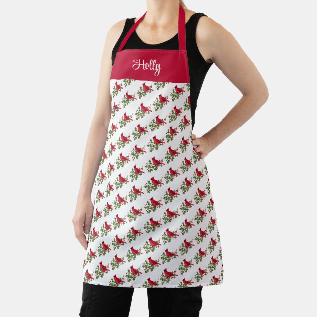Red Cardinal Christmas Pattern Personalised Apron (Insitu)