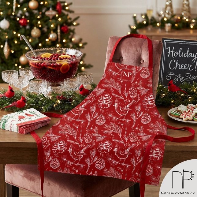 Red Cardinal Christmas Personalised Apron (This Cardinal Christmas Apron features hand-drawn art, perfect for festive holiday home bakers.)