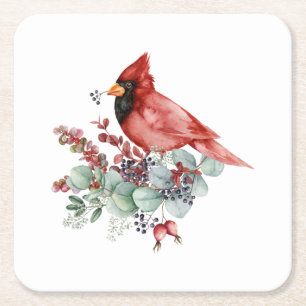 Red Cardinal Eucalyptus Red Berries Christmas Square Paper Coaster